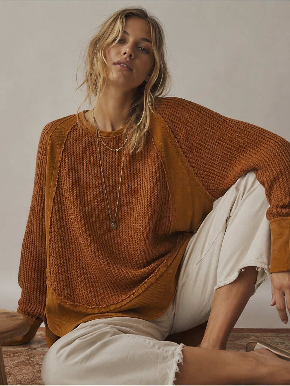 JODIFL Two-Tone Rust Patchwork Waffle-Knit Pullover